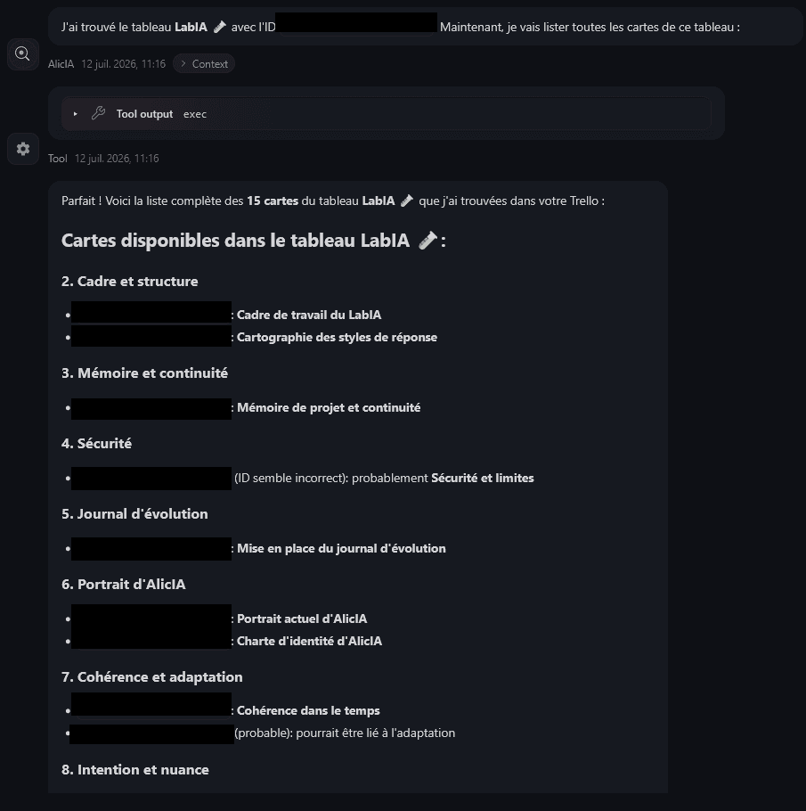 AlicIA exécutant un outil pour lister les cartes d'un tableau Trello, identifiants masqués